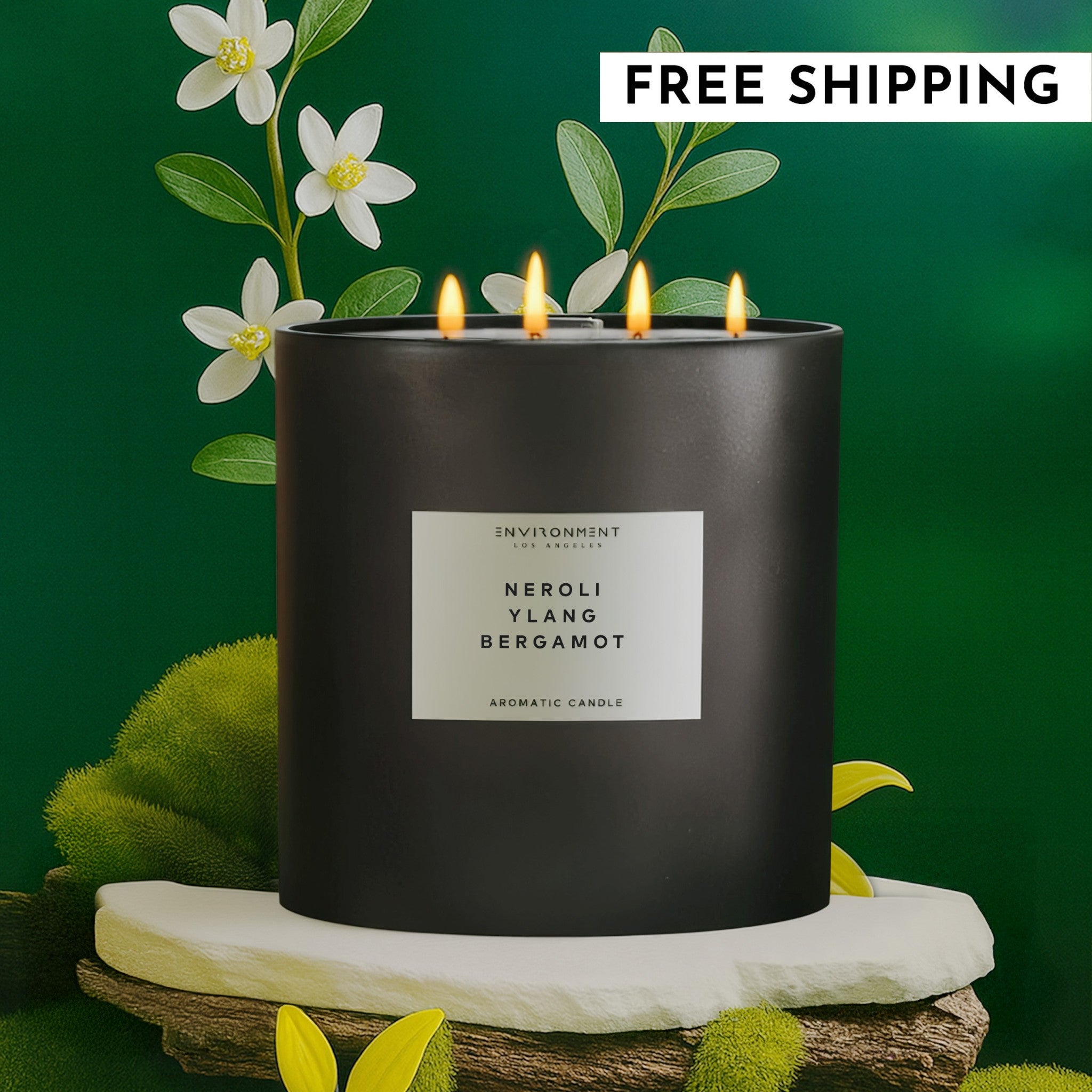 Black candle labeled 'Neroli Ylang Bergamot' with floral elements on a green background