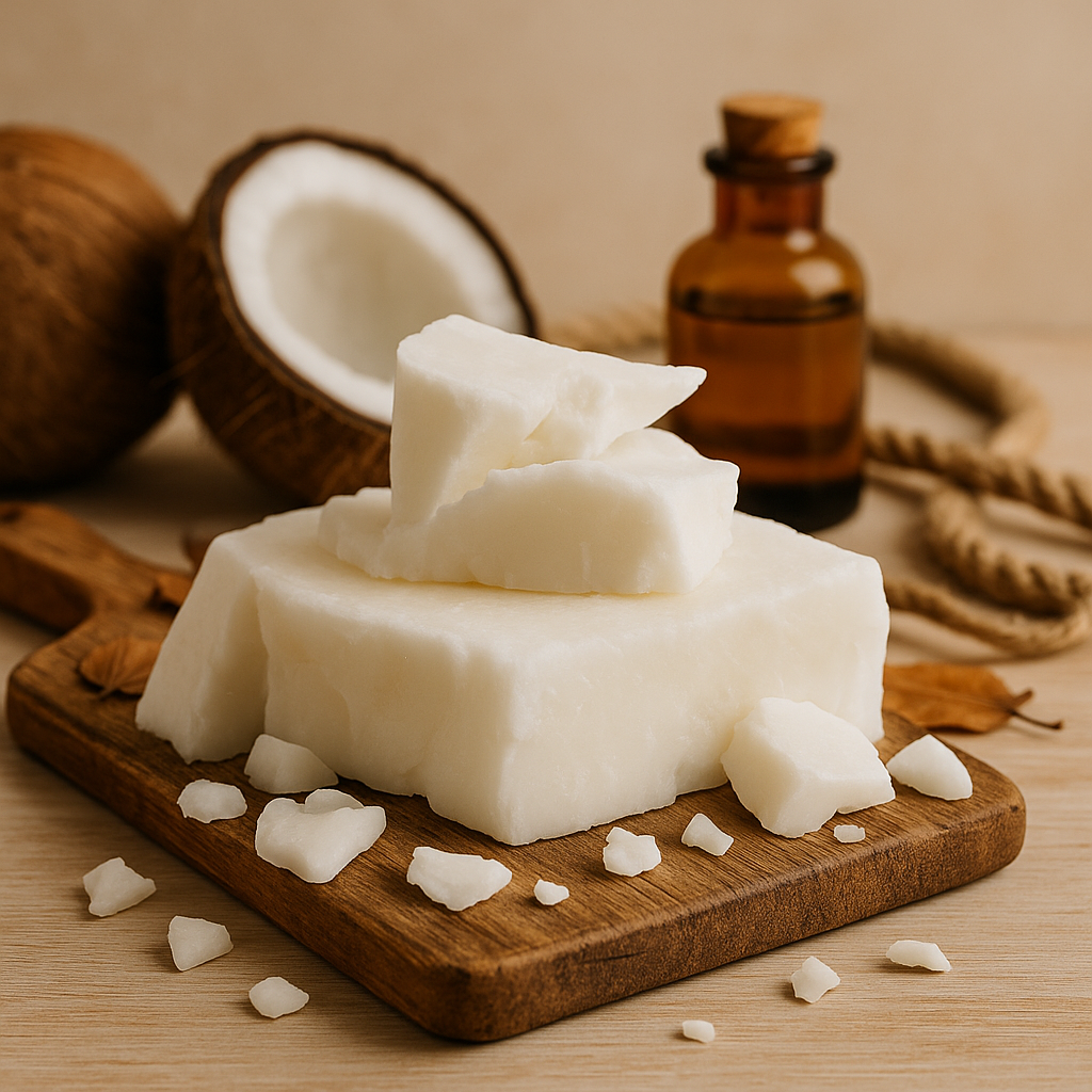 Stack of white soap bars on a wooden board with coconuts and a bottle in the background.