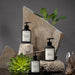 Premium hand wash bottle placed beside simple bathroom accents