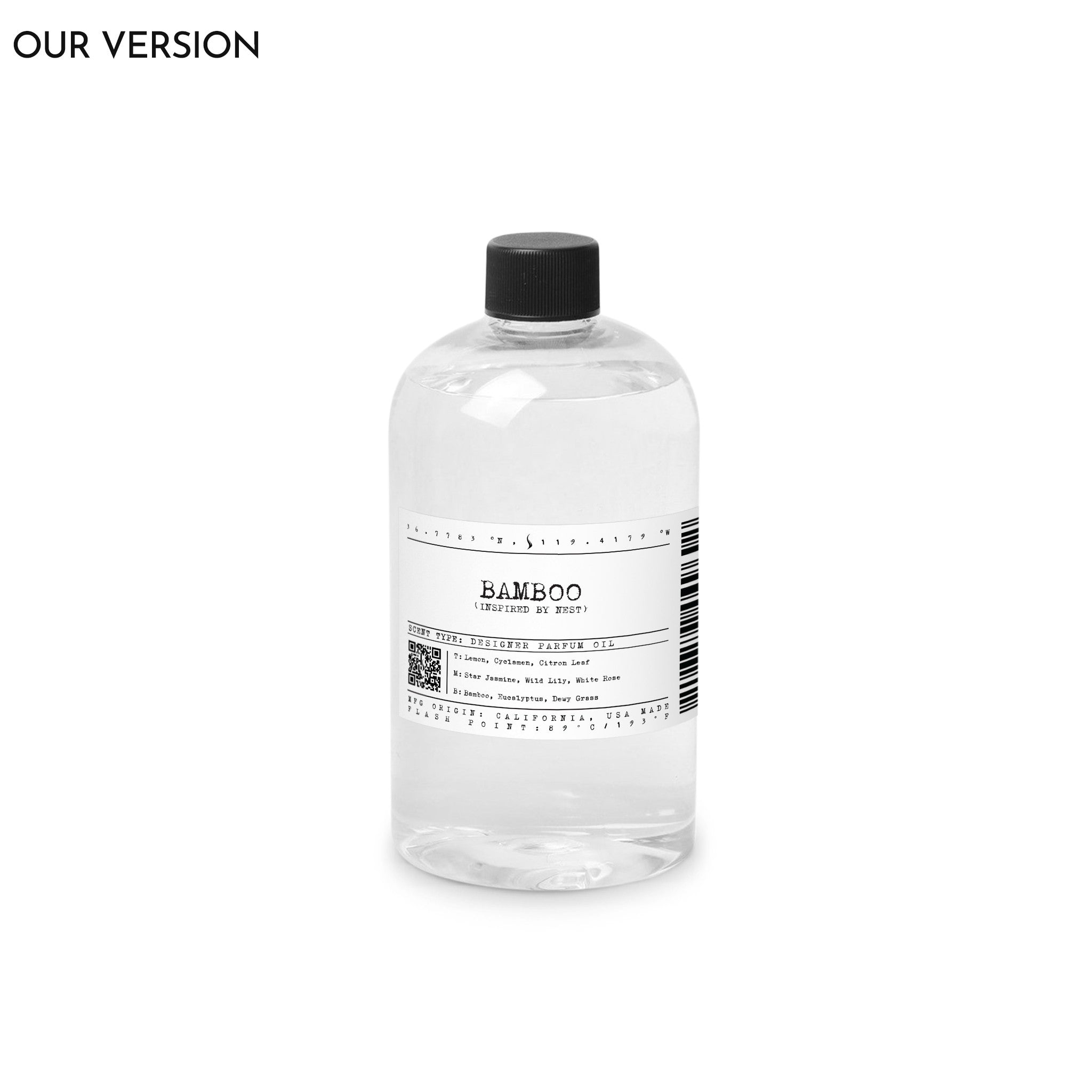 Clear bottle with black cap labeled 'Bamboo' on white background 16oz