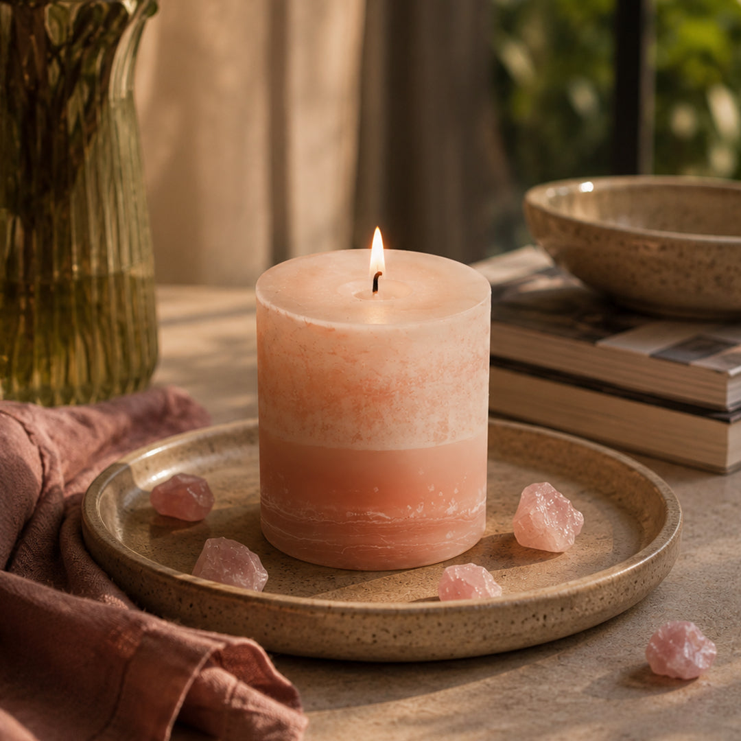 Stonecandles-Vanilla_PillarCandle-RoseQuartzPoints